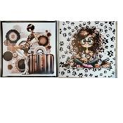 lot 2 panneaux simili sans PVC 45x45cm : femme vintage +fillette aux chats