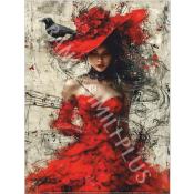 Panneau simili 13x20 cm : Femme en rouge et corbeau: modéle 27