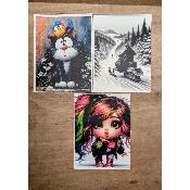 3 panneaux simili 15x20cm: chat+moto neige+ fille 